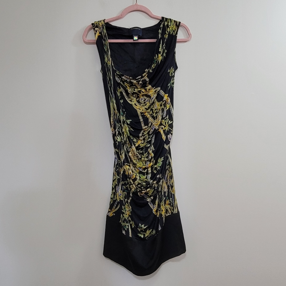 Class Roberto Cavalli Black Mini Dress with Yellow and Green Print